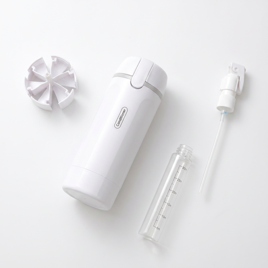 GoSqueezee contents – bottle, refill tube, spray nozzle and diffuser